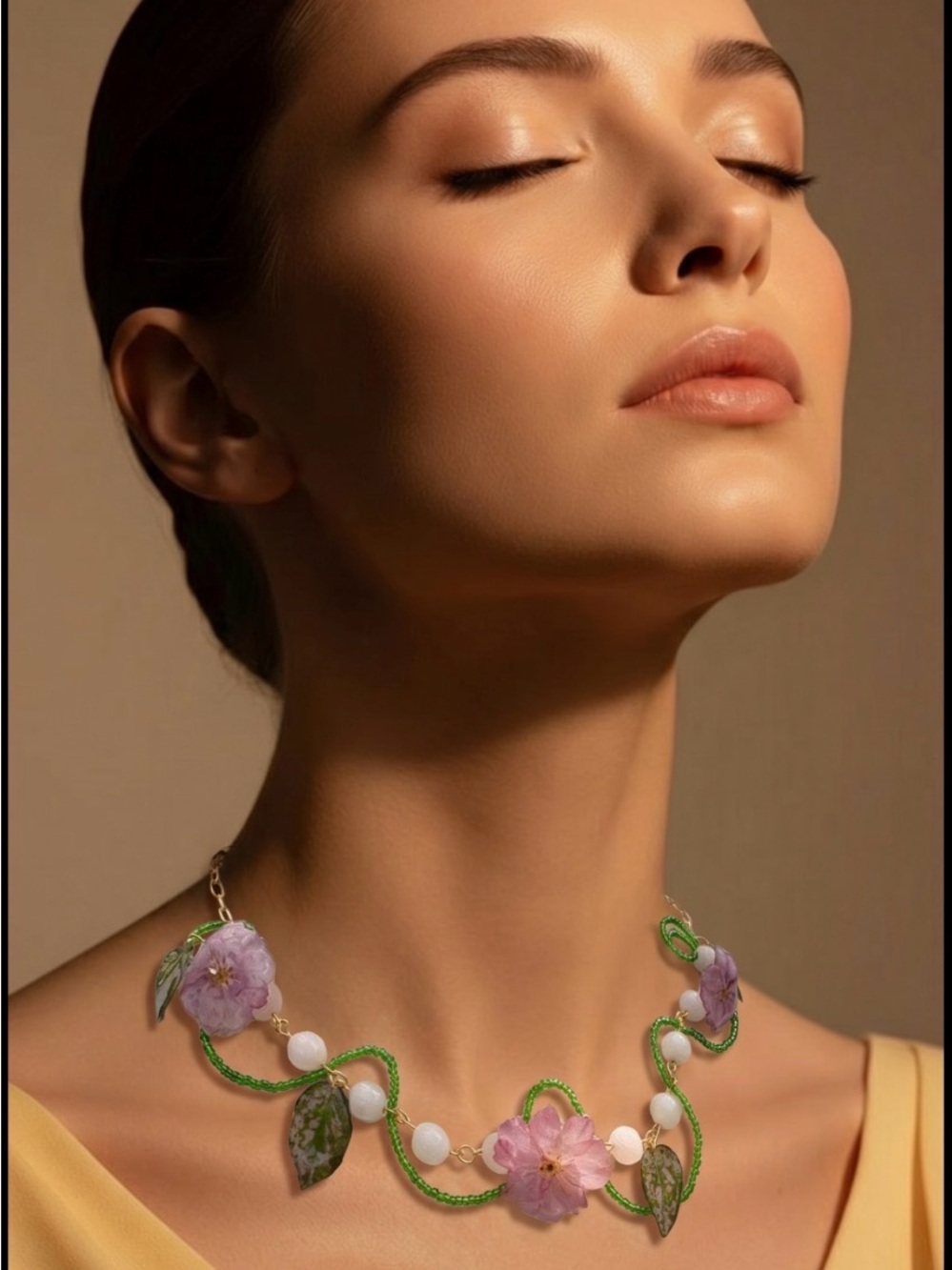Handmade Pink Floral Bead Necklace with Green Accents